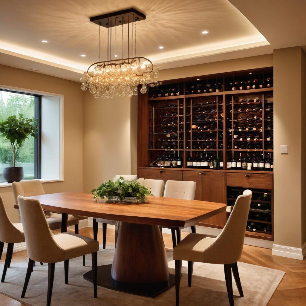 A beautifully designed dining room showcasing elegant wine storage solutions like a classic wine rack, an artful wine cellar, and stylish wine cabinets, all adorned with various bottles of wine. The space should be warmly lit, featuring a wooden dining table set for a cozy dinner, with lush greenery and tasteful decor elements. Captivating details like glassware and decorative plates should accentuate the elegance. modern interior design. super-realistic. warm colors. cozy ambiance.