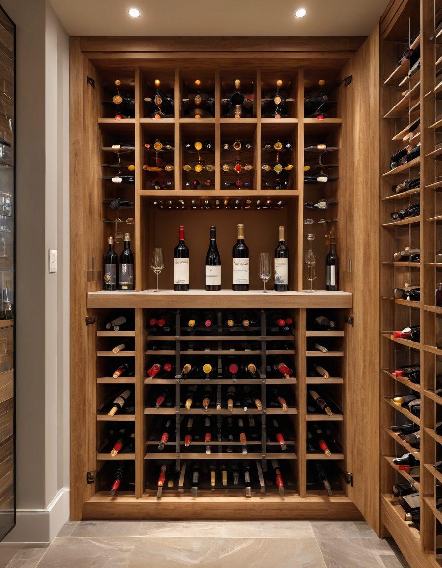 A chic and modern wine cellar featuring elegantly designed racks and cabinets, showcasing a vibrant collection of wine bottles in assorted colors. Include subtle hues of wood and metal with ambient lighting to create a warm atmosphere. Display decorative elements like wine glasses and a corkscrew, emphasizing organization and style. The background should hint at a classy home setting. super-realistic. vibrant colors. warm tones.