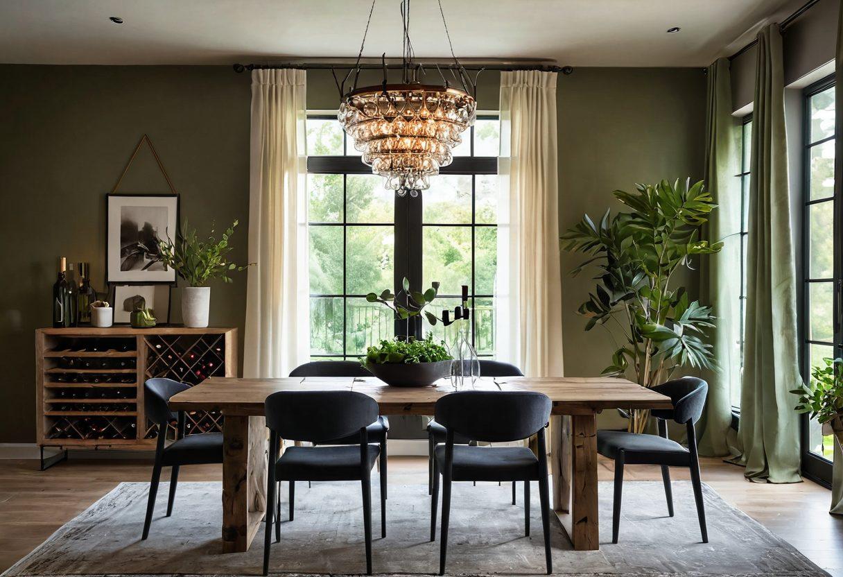 A beautifully styled dining room showcasing a blend of rustic and modern elements, featuring an elegant wine rack, stylish furniture, and soft ambient lighting. The table set with elegant dinnerware, surrounded by minimalist decor and lush green plants. Windows with sheer curtains allowing natural light to spill in, creating a warm inviting atmosphere. A trendy chandelier adds a modern touch. super-realistic. warm colors. bright background.